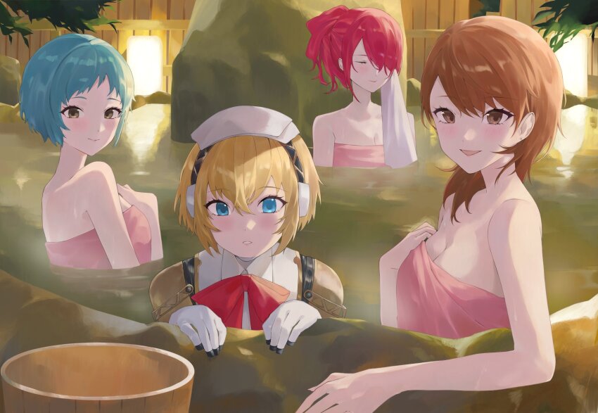 4girls aigis_(persona) android aqua_hair bare_shoulders blonde_hair blue_eyes blush bow bowtie breasts brown_eyes brown_hair cleavage closed_mouth commentary crossed_bangs grey_eyes hair_over_one_eye high_ponytail highres holding holding_towel kirijou_mitsuru konchi_(63438789) looking_at_viewer medium_breasts multiple_girls naked_towel onsen parted_lips partially_submerged persona persona_3 ponytail red_bow red_bowtie red_hair robot_ears short_hair smile steam takeba_yukari towel towel_on_head upper_body water wet yamagishi_fuuka