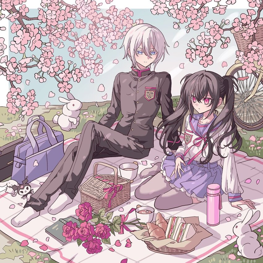 1boy 1girl bag basket bicycle black_hair black_jacket black_pants blue_eyes blue_skirt book bouquet cherry_blossoms commentary_request commission croissant cup flower food full_body grass grey_hair highres hiiragi_shinya jacket korean_commentary kuromi long_hair long_sleeves meremero neck_ribbon onegai_my_melody open_book original outdoors owari_no_seraph pants petals picnic picnic_basket picnic_blanket pink_eyes pleated_skirt rabbit ribbon sailor_collar sandwich sanrio school_bag school_uniform second-party_source serafuku shirt short_hair sitting skirt smile spring_(season) thermos twintails white_shirt