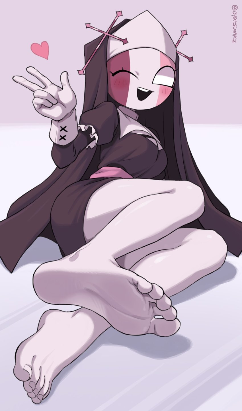 1girl ;d artist_name barefoot coat feet female_focus friday_night_funkin&#039; habit highres looking_at_viewer nun one_eye_closed open_mouth oyatsu_(mk2) sarvente_(friday_night_funkin&#039;) sitting smile soles solo v wink