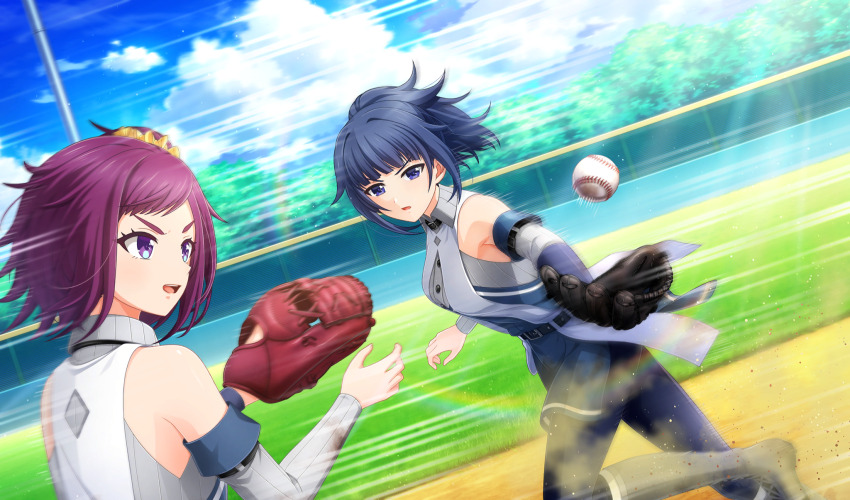 2girls ball baseball baseball_(object) baseball_glove baseball_stadium baseball_uniform belt belt_bra black_belt blue_hair blue_pantyhose blunt_bangs blurry boots cinderella_series cloud dark_blue_hair depth_of_field detached_sleeves dress dust_cloud dutch_angle film_grain game_cg grey_footwear hachigatsu_no_cinderella_nine hair_ornament hair_scrunchie high_ponytail highres light_particles looking_at_object motion_blur motion_lines multicolored_dress multiple_girls non-web_source official_art one_side_up oowada_sachi outdoors pantyhose parted_lips playing_sports ponytail purple_eyes purple_hair running sagara_yoshino scrunchie short_hair sky sleeveless sleeveless_dress speed_lines sportswear teeth upper_teeth_only v-shaped_eyebrows yellow_scrunchie
