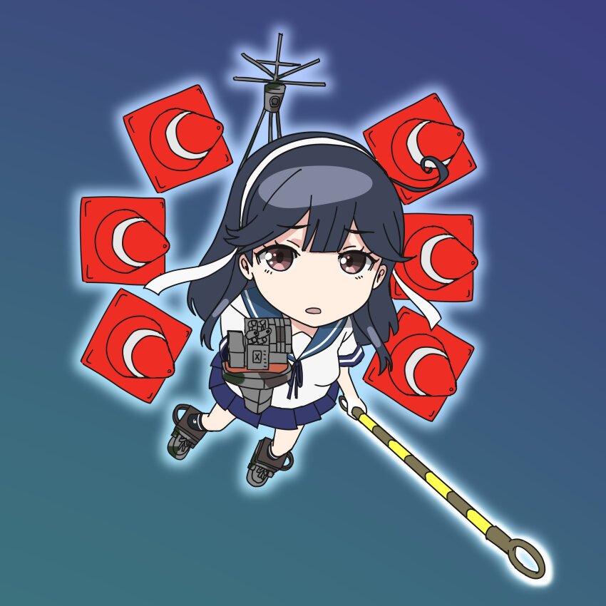 1girl absurdres adapted_turret ahoge black_hair blue_neckerchief blue_sailor_collar blue_skirt brown_eyes chibi hairband highres holding holding_polearm holding_weapon kantai_collection long_hair machinery neckerchief parody pleated_skirt pole polearm sailor_collar sailor_shirt school_uniform serafuku shirt skirt solo traffic_cone ushio_(kancolle) ushio_kai_ni_(kancolle) weapon white_hairband white_shirt yuushou