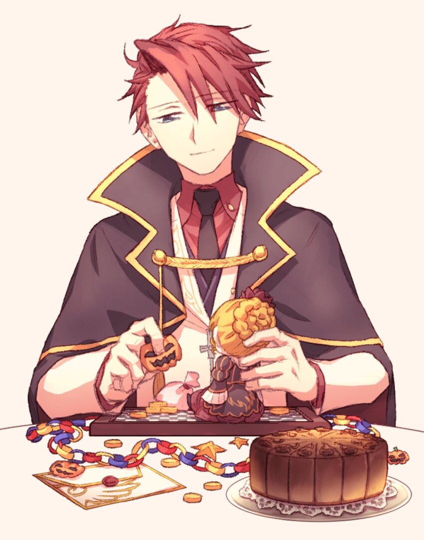 1boy beatrice_(umineko) black_cape black_necktie cake cape character_doll chessboard closed_mouth collared_shirt commentary envelope food formal_clothes highres hswoimuxk0pwr0h_(bbdan) male_focus necktie red_hair red_shirt shirt solo suit twilight_of_the_golden_witch umineko_no_naku_koro_ni ushiromiya_battler white_suit