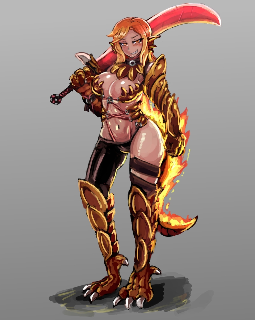 1girl armor asymmetrical_legwear battle_damage bikini_armor blush breasts flaming_sword claws cleavage cracked_sword cut damaged damaged_sword damaged_weapon dark-skinned_female dark_skin dent female_focus fire flaming_sword full_body glowing glowing_sword glowing_weapon grin highres hot large_breasts long_hair looking_at_viewer monster_girl monster_girl_encyclopedia navel orange_eyes orange_hair revealing_clothes salamander_(monster_girl_encyclopedia) scales scratches scratched_sword smile solo standing sword tail udetamago uneven_legwear weapon