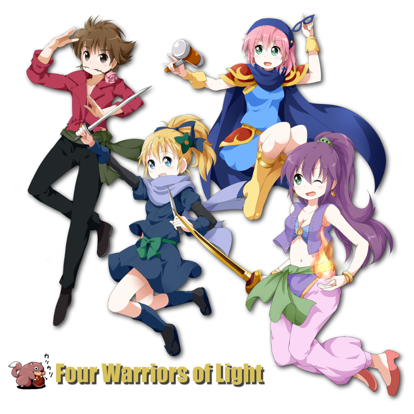 1990s_(style) 1boy 3girls bartz_klauser blonde_hair blue_eyes blue_mage_(final_fantasy) breasts brown_eyes brown_hair cleavage dancer english_text faris_scherwiz final_fantasy final_fantasy_v fire flower green_eyes highres krile_mayer_baldesion_(ff5) lenna_charlotte_tycoon mallet medium_breasts multiple_girls mystic_knight navel ninja ninja_(final_fantasy) ninjatou nutkin one_eye_closed pink_hair purple_hair retro_artstyle rose ruu_(tksymkw) scarf short_sword simple_background smile sword weapon white_background wink