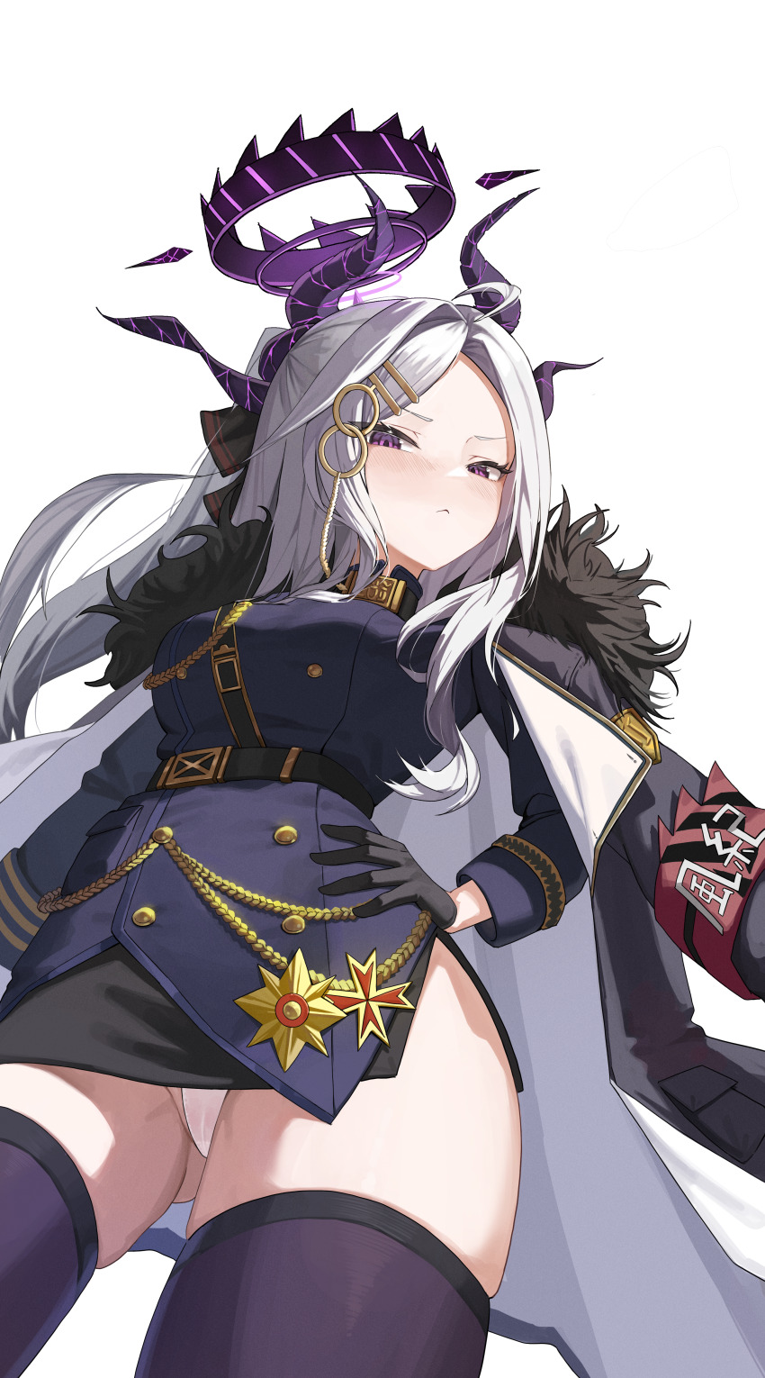 1girl absurdres ahoge aiguillette armband belt belt_buckle black_belt black_coat black_gloves black_halo black_horns black_thighhighs blue_archive blush breasts buckle cameltoe che_(komulkomul48) closed_mouth coat coat_on_shoulders commentary_request contrapposto demon_girl demon_horns demon_wings from_below fur-trimmed_coat fur_trim gloves hair_ornament hairclip halo hand_on_own_hip highres hina_(blue_archive) horns long_coat long_hair looking_at_viewer medal medium_breasts military_uniform miniskirt multiple_horns open_clothes open_coat panties parted_bangs pencil_skirt purple_eyes red_armband side_slit simple_background skindentation skirt solo standing thighhighs underwear very_long_hair white_background white_hair white_panties wings