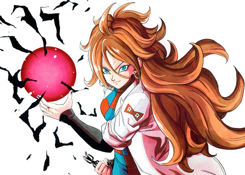 1girl absurdres android_21 black_electricity blue_dress blue_eyes brown_hair checkered_clothes checkered_dress coat dragon_ball dragon_ball_fighterz dress earrings electricity energy energy_ball eyelashes glasses glowing highres holding holding_removed_eyewear hoop_earrings jewelry long_hair red_dress silverwoodwork simple_background solo two-tone_dress unworn_eyewear upper_body white_background white_coat