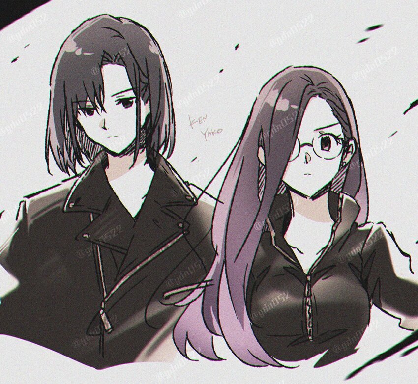 1boy 1girl black_hair black_jacket breasts digimon digimon_adventure_-beyond- gdn0522 glasses grey_background ichijouji_ken inoue_miyako jacket long_hair medium_breasts medium_hair muted_color round_eyewear simple_background upper_body very_long_hair