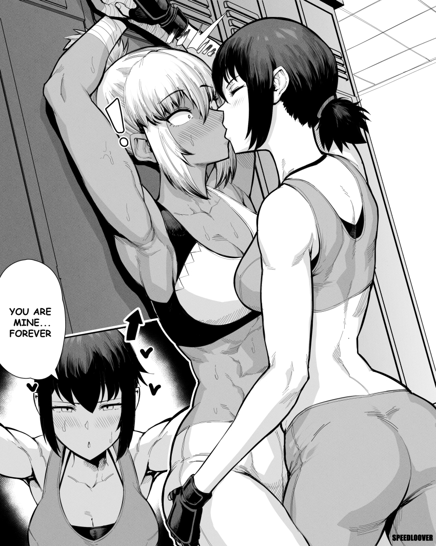 ! 2girls ^^^ absurdres armpits arms_up arrow_(symbol) artist_name ass assertive_female bandaged_hand bandages blush breasts closed_eyes commentary constricted_pupils cowboy_shot dark-skinned_female dark_skin english_commentary english_text fingerless_gloves gloves greyscale hair_between_eyes heart highres indoors kiss large_breasts locker locker_room monochrome multiple_girls multiple_views original pants ponytail short_ponytail sidelocks speech_bubble speedl00ver sports_bra standing surprise_kiss surprised sweat tomboy toned toned_female topknot wide-eyed yoga_pants yuri