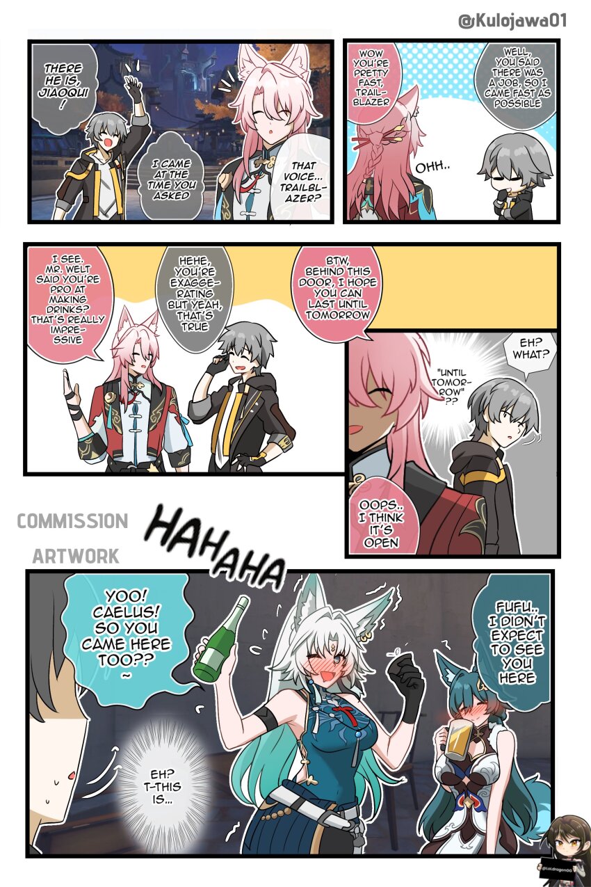 2boys 2girls absurdres animal_ears arrow_(symbol) bare_shoulders blush bottle braid caelus_(honkai:_star_rail) closed_eyes coat commission cup dress drink drooling drunk earrings feixiao_(honkai:_star_rail) forehead_jewel fox_ears fox_girl fox_tail game_screenshot_background gloves green_hair grey_hair hair_intakes highres holding holding_bottle holding_cup honkai:_star_rail honkai_(series) jewelry jiaoqiu_(honkai:_star_rail) kulojawa long_hair looking_at_another mouth_drool multicolored_hair multiple_boys multiple_girls nose_blush one_eye_closed pink_hair screenshot_background second-party_source shirt sleeveless sleeveless_shirt smile sweat tail trailblazer_(honkai:_star_rail) two-tone_hair very_long_hair yukong_(honkai:_star_rail)