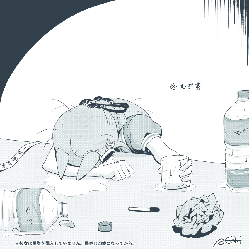 1girl a4_(a4_eishi) absurdres animal_ears barley_tea bottle chrono_genesis_(umamusume) clenched_hand crumpled_paper crying glass hair_between_eyes hair_ornament highres holding horse_ears long_hair monochrome partially_translated pen school_uniform solo table tracen_school_uniform translation_request umamusume water_bottle