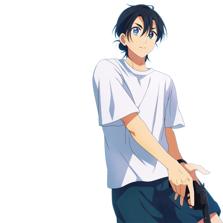 1boy ajiro_shinpei anime_coloring black_hair blue_eyes gun handgun heterochromia highres holding holding_gun holding_weapon medium_hair official_art shirt shorts summertime_render transparent_background weapon white_shirt