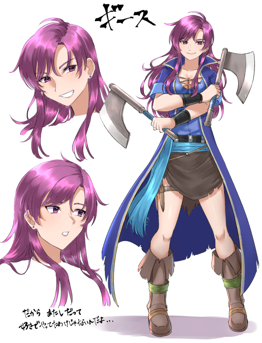 1girl axe boots breasts brown_boots cleavage dual_wielding earrings fire_emblem fire_emblem:_the_binding_blade full_body geese_(fire_emblem) genderswap genderswap_(mtf) highres holding holding_axe jewelry large_breasts long_hair nintendo open_mouth purple_eyes purple_hair translation_request tsukimura_(d24f4z8j3t)