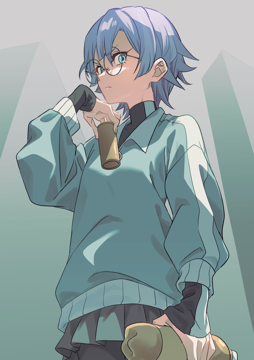 1girl absurdres black_skirt blue_hair blue_shirt bottle closed_mouth collared_shirt commentary_request cowboy_shot frown glasses grey_skirt hifumi_suu highres holding holding_bottle kimi_no_koto_ga_dai_dai_dai_dai_daisuki_na_100-nin_no_kanojo long_sleeves looking_at_viewer mado_cat02 miniskirt pleated_skirt round_eyewear school_uniform shirt short_hair skirt sleeves_past_wrists solo v-shaped_eyebrows