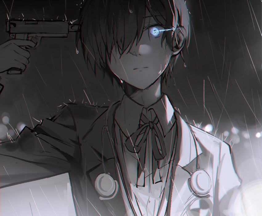 1boy blue_eyes commentary_request emblem evoker expressionless gekkoukan_high_school_uniform glowing glowing_eyes greyscale gun gun_to_head hair_over_one_eye headphones jacket kenko_(hjlahh) monochrome neck_ribbon partially_colored persona persona_3 rain ribbon school_uniform shirt solo weapon wet yuuki_makoto_(persona_3)