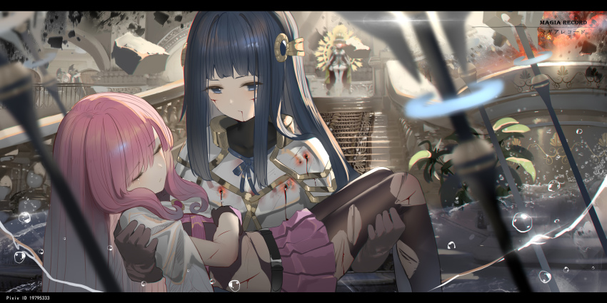 3girls absurdres armor black_gloves black_legwear blood blue_eyes blue_hair blunt_bangs blurry blurry_background bodysuit bullet_hole carrying cloak crown dress gloves glowing glowing_eye highres hk_(hk) holy_mami injury letterboxed long_hair looking_at_another magia_record:_mahou_shoujo_madoka_magica_gaiden magical_girl mahou_shoujo_madoka_magica multiple_girls nanami_yachiyo pantyhose pink_hair pleated_skirt princess_carry skirt tamaki_iroha tomoe_mami torn_clothes