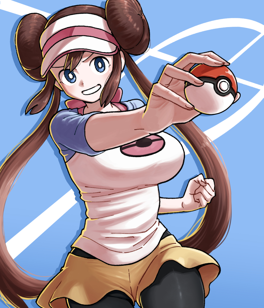 1girl black_pantyhose blue_background blue_eyes breasts brown_hair donut_hair_bun double_bun grin hair_bun highres holding holding_poke_ball large_breasts nintendo nutkingcall outstretched_arm pantyhose poke_ball poke_ball_(basic) pokemon pokemon_bw2 raglan_sleeves rosa_(pokemon) short_shorts shorts smile solo twintails visor_cap yellow_shorts