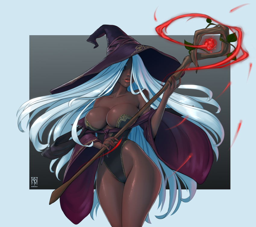 1girl absurdres arteslav bare_shoulders black_dress breasts cleavage collarbone colored_skin curvy dark-skinned_female dark_skin detached_sleeves dress elden_ring elden_ring_nightreign gradient_background green_leotard hat highleg highleg_leotard highres large_breasts large_hat leotard long_hair long_sleeves purple_hat recluse_(elden_ring) shiny_skin smile solo teeth very_dark_skin very_long_hair white_background white_hair wide_hips wide_sleeves witch witch_hat