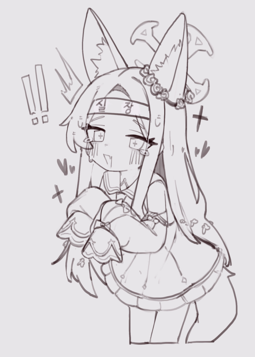 ! !! animal_ears blue_archive blush commentary_request cropped_legs cross-shaped_pupils cyan9322 detached_sleeves dress fox_ears fox_girl green_headband greyscale halo headband heart highres korean_commentary korean_text long_hair looking_at_viewer monochrome open_mouth seia_(blue_archive) simple_background sleeves_past_fingers sleeves_past_wrists symbol-shaped_pupils tears translation_request