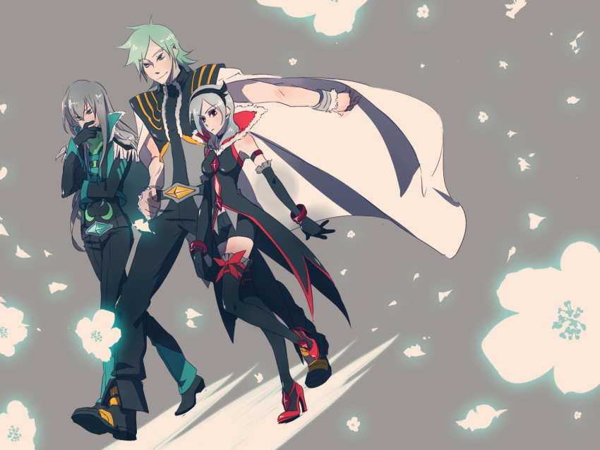 00s 1girl 2boys bow cape choker eas_(fresh_precure!) elbow_gloves fresh_precure! gloves green_eyes green_hair grey_hair hairband hand_on_own_hip head_rest higashi_setsuna high_heels highres hip_focus jacket kiu long_hair minami_shun multiple_boys nishi_hayato pants precure red_eyes ribbon shoes short_hair shorts smile souler souler_(fresh_precure!) thighhighs walking wester wester_(fresh_precure!)