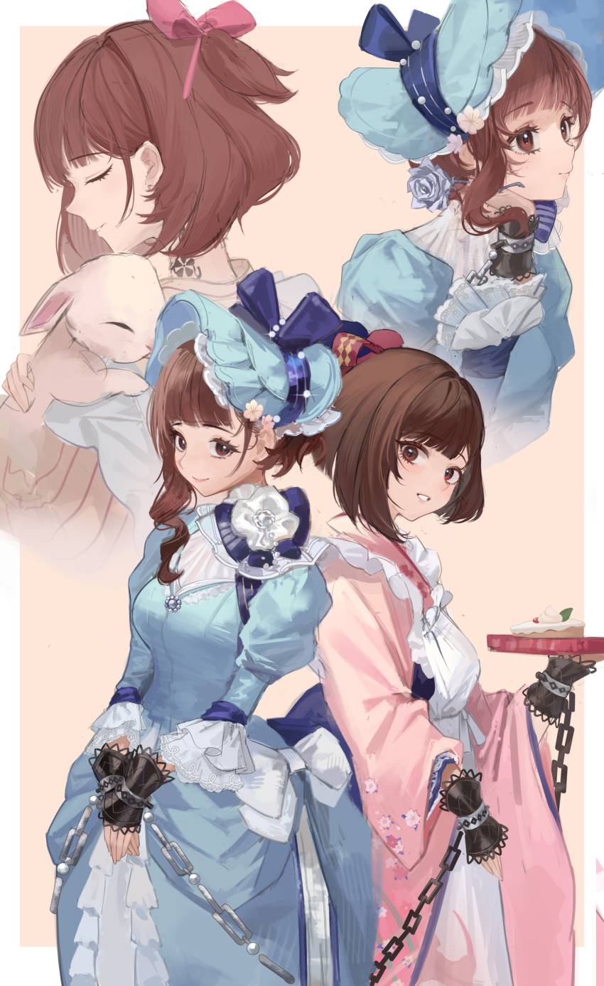 1girl absurdres animal apron blue_bow blue_dress blue_hat blunt_bangs blunt_ends bob_cut bonnet border bow brown_eyes brown_hair cake cake_slice chain closed_eyes cuffs dress flower food frilled_apron frills gown grin hair_bow hand_on_own_cheek hand_on_own_face hat hat_bow highres holding holding_animal holding_tray japanese_clothes juliet_sleeves kimono kuroja long_dress long_sleeves maid multiple_views neck_flower official_alternate_costume outside_border pink_bow pink_kimono profile puffy_sleeves rabbit reverse:1999 satsuki_(reverse:1999) short_hair smile tray upper_body wa_maid white_apron white_border white_flower yellow_background