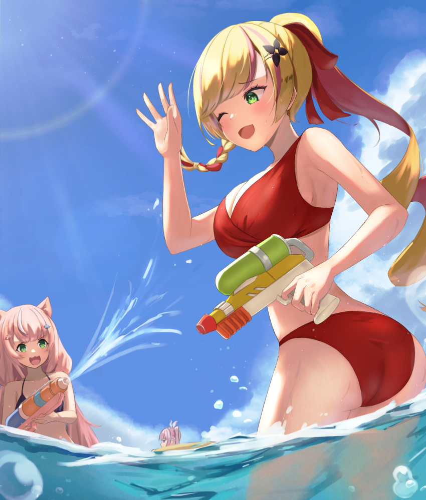 3girls :3 animal_ears ass bikini blonde_hair braid breasts cat_ears cleavage green_eyes highres long_hair medium_breasts multiple_girls na_sera nijisanji nijisanji_kr one_eye_closed open_mouth pink_hair ponytail red_bikini seffyna side_braid smile swimsuit takechi49 twintails twisted_torso virtual_youtuber water yang_nari