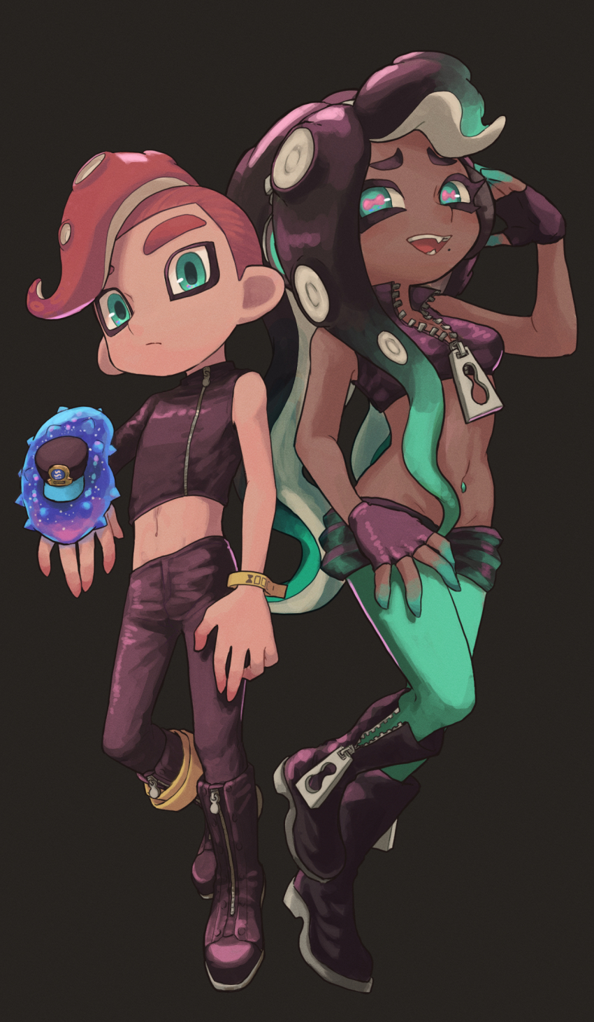 1boy 1girl agent_8_(splatoon) asymmetrical_sleeves black_hair breasts c.q._cumber_(splatoon) cephalopod_eyes crop_top dark-skinned_female dark_skin fingerless_gloves gloves gradient_skin green_eyes green_hair headphones highres kotarou_(kotakota_ee) long_hair looking_at_viewer marina_(off_the_hook_outfit)_(splatoon) marina_(splatoon) medium_breasts midriff mohawk mole mole_under_mouth navel_piercing nintendo octoling octoling_boy octoling_player_character open_mouth piercing sea_cucumber single_sleeve smile splatoon_(series) splatoon_2 splatoon_2:_octo_expansion squidbeak_splatoon suction_cups tentacle_hair uneven_sleeves zipper
