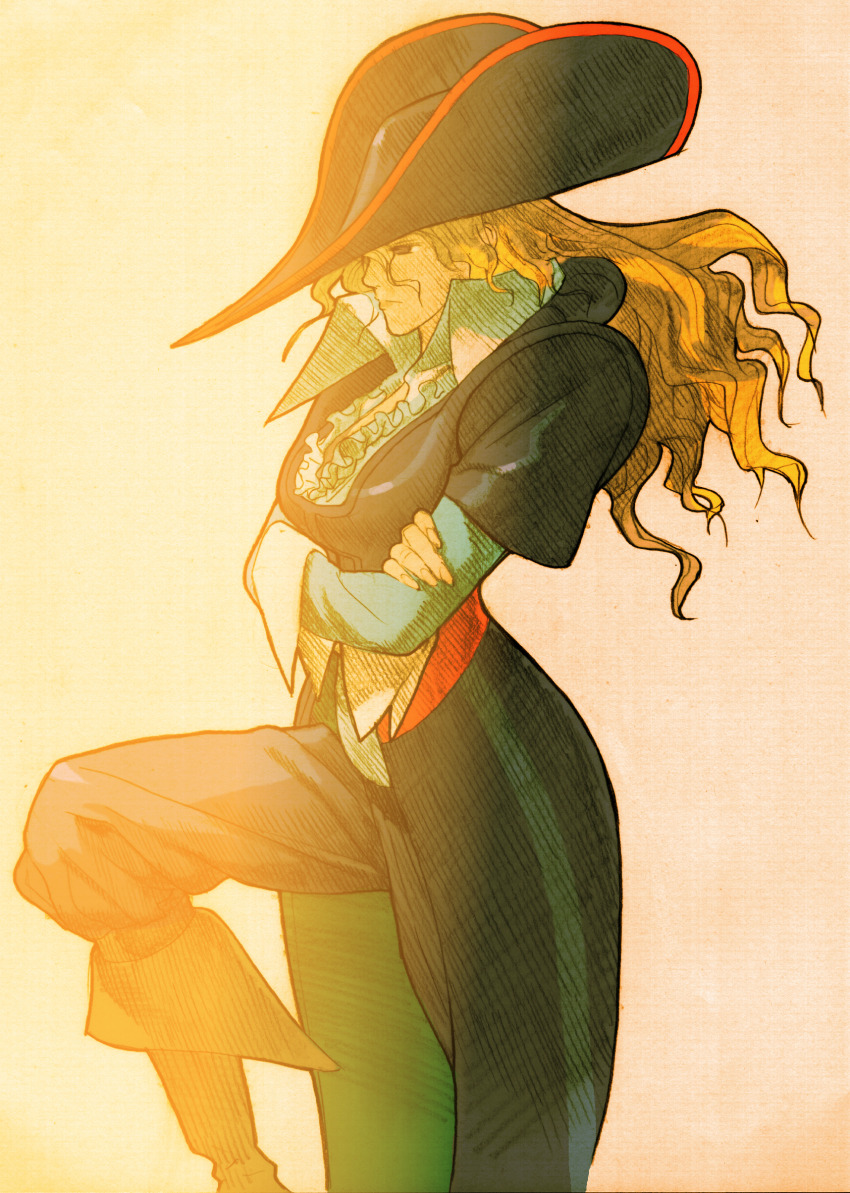 1girl absurdres arm_behind_back bengus blonde_hair boots breasts brown_boots brown_eyes capcom collared_shirt crossed_arms expressionless eyepatch facing_to_the_side feet_out_of_frame game_cg hat highres leg_up long_hair long_sleeves marvel marvel_vs._capcom marvel_vs._capcom_2 non-web_source official_art pirate pirate_hat portrait ruby_heart scan shirt sleeve_cuffs solo standing