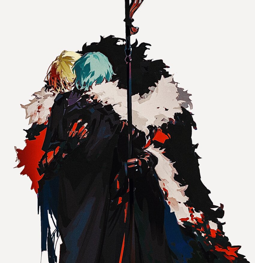 2boys areadbhar_(fire_emblem) armor black_armor black_cape black_fur blonde_hair blood blood_in_hair blood_on_clothes blood_on_hands blue_cape male_byleth_(fire_emblem) cape commentary_request dimitri_alexandre_blaiddyd dimitri_alexandre_blaiddyd_(timeskip) domu_(hamadura) fire_emblem fire_emblem:_three_houses gauntlets green_hair highres holding holding_polearm holding_weapon hug male_focus multiple_boys nintendo ornate_weapon polearm simple_background weapon white_background white_fur yaoi