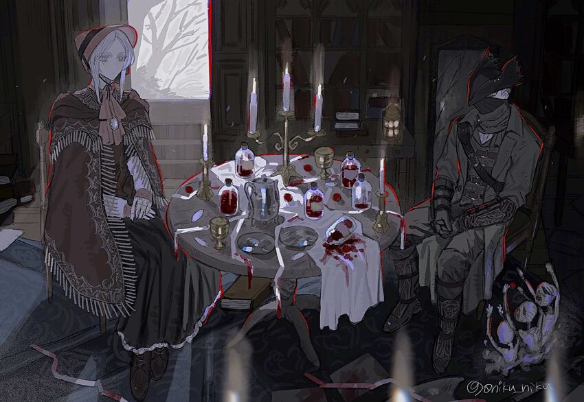 0niku_niku 1girl 1other ambiguous_red_liquid ascot black_boots black_hat bloodborne blue_eyes book bookshelf boots bottle broken_mirror brown_capelet brown_cloak brown_shoes candle candlestand capelet chair chalice cloak coat cup doll_joints expressionless fringe-trimmed_capelet fringe_trim from_above gloves grey_coat grey_gloves grey_pants hat highres hunter_(bloodborne) indoors joints messengers_(bloodborne) mirror on_chair own_hands_clasped own_hands_together pants pink_ascot plain_doll plate shoes short_hair shoulder_belt signature sitting table tablecloth tricorne twitter_username white_hair