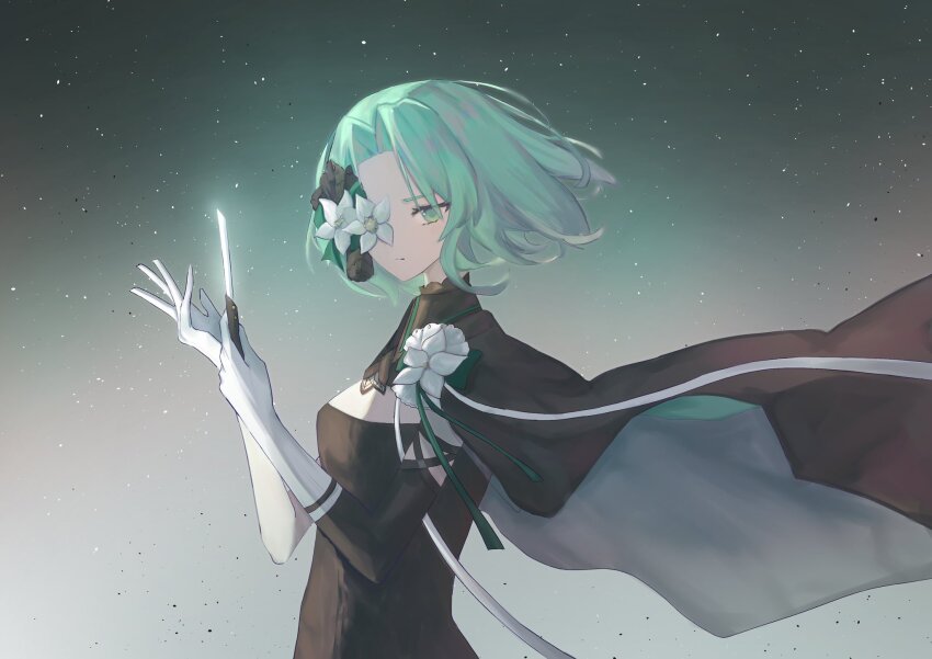 arcaea black_cape cape closed_mouth floating_cape floating_hair flower flower_over_eye from_side gloves green_eyes green_hair green_ribbon hands_up highres holding holding_knife ibulyn knife looking_at_viewer looking_to_the_side one_eye_covered ribbon saya_(arcaea) short_hair standing upper_body white_flower white_gloves white_ribbon wind