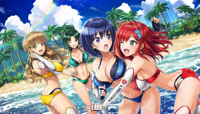 4girls :o ;d ass ayato_utae bare_shoulders beach bikini blue_bikini blue_hair bob_cut breasts brown_hair butt_crack cleavage copyright_notice day dimples_of_venus dolphin_hair_ornament dolphin_wave elbow_gloves fingerless_gloves game_cg gloves green_bikini green_eyes green_hair harunami_anri highres kirishima_uniform kneehighs large_breasts layered_bikini looking_at_another multiple_girls navel non-web_source official_art one_eye_closed ootomo_takuji open_mouth outdoors palm_tree ponytail rainbow red_bikini red_hair sakimiya_iruka short_hair single_elbow_glove single_kneehigh single_sock smile socks swimsuit tojou_michiru tree yellow_bikini yellow_eyes