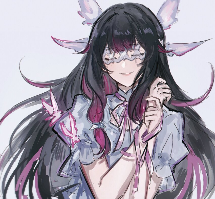1girl black_hair blouse blunt_bangs columbina_(genshin_impact) eye_mask facing_viewer genshin_impact hair_tubes hands_up head_wings highres juliet_sleeves light_blush long_sleeves multicolored_hair multiple_wings parted_lips pink_hair pink_ribbon puffy_sleeves ribbon sgm618 shirt short_sleeves sidelocks smile solo straight-on streaked_hair twitter_username upper_body white_background white_mask white_mouth white_shirt white_sleeves white_wings wings x-shaped_eyewear