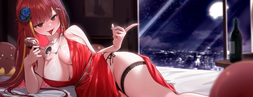 1girl akane_lize bare_arms bare_shoulders black_eyes bottle breasts city_lights cleavage cocktail_dress cup dress drinking_glass flower full_moon hair_flower hair_ornament hairclip highres holding holding_cup index_finger_raised indoors lace_trim large_breasts long_hair looking_at_viewer lying moon multicolored_hair no_bra on_bed on_side open_mouth pienna_(akane_lize) plunging_neckline red_dress red_hair sangobob side-tie_peek side_slit sleeveless sleeveless_dress smile solo spaghetti_strap stellive strap_slip streaked_hair thigh_strap thighs tongue tongue_out virtual_youtuber wet wine_glass