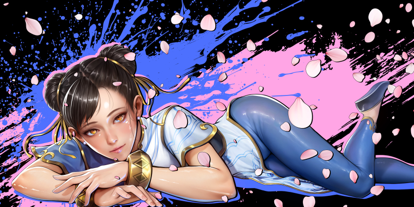 absurdres blue_dress blue_pants bracelet brown_eyes brown_hair capcom china_dress chinese_clothes chun-li closed_mouth double_bun dress hair_bun highres jewelry looking_at_viewer lying on_side oohiro_rin pants pelvic_curtain side_slit street_fighter street_fighter_6