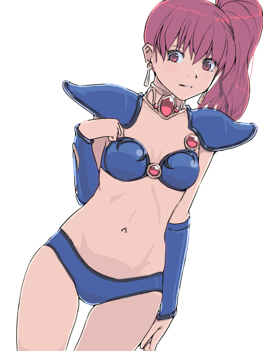 1girl akinbo_(hyouka_fuyou) armor asagiri_youko bikini bikini_armor blue_bikini breasts cleavage cowboy_shot dutch_angle earrings genmu_senki_leda high_side_ponytail highres jewelry long_hair navel parted_lips red_eyes red_hair shoulder_armor simple_background small_breasts solo swimsuit thigh_gap white_background