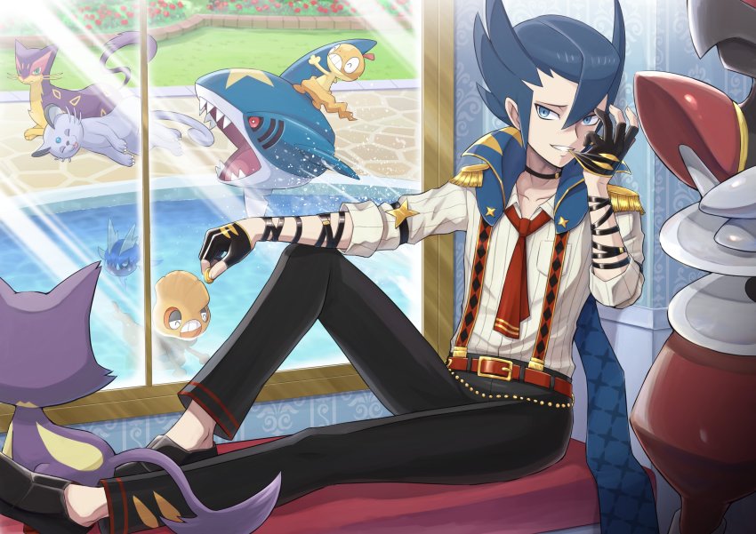 1boy absurdres alolan_form alolan_persian belt bisharp black_pants blue_eyes blue_hair carvanha coin commentary_request day epaulettes fingerless_gloves flower gen_3_pokemon gen_5_pokemon gen_7_pokemon gloves grass grimsley_(pokemon) grimsley_(sygna_suit)_(pokemon) hair_between_eyes highres indoors liepard male_focus mouth_hold necktie nintendo official_alternate_costume pants pokemoa pokemon pokemon_(creature) pokemon_masters_ex pool purrloin red_belt red_neckwear scraggy sharpedo shirt sitting sleeves_rolled_up suspenders water white_shirt window windowsill