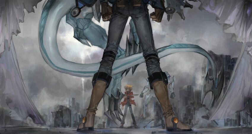 2boys 2others black_shirt boulder brown_footwear brown_hair denim duel_disk elemental_hero_neos fudo_yusei gloves highres jacket jeans male_focus momentcorefly multiple_boys multiple_others open_clothes open_jacket outdoors pants red_jacket shirt stardust_dragon yu-gi-oh! yu-gi-oh!_5d&#039;s yu-gi-oh!_gx yuki_judai