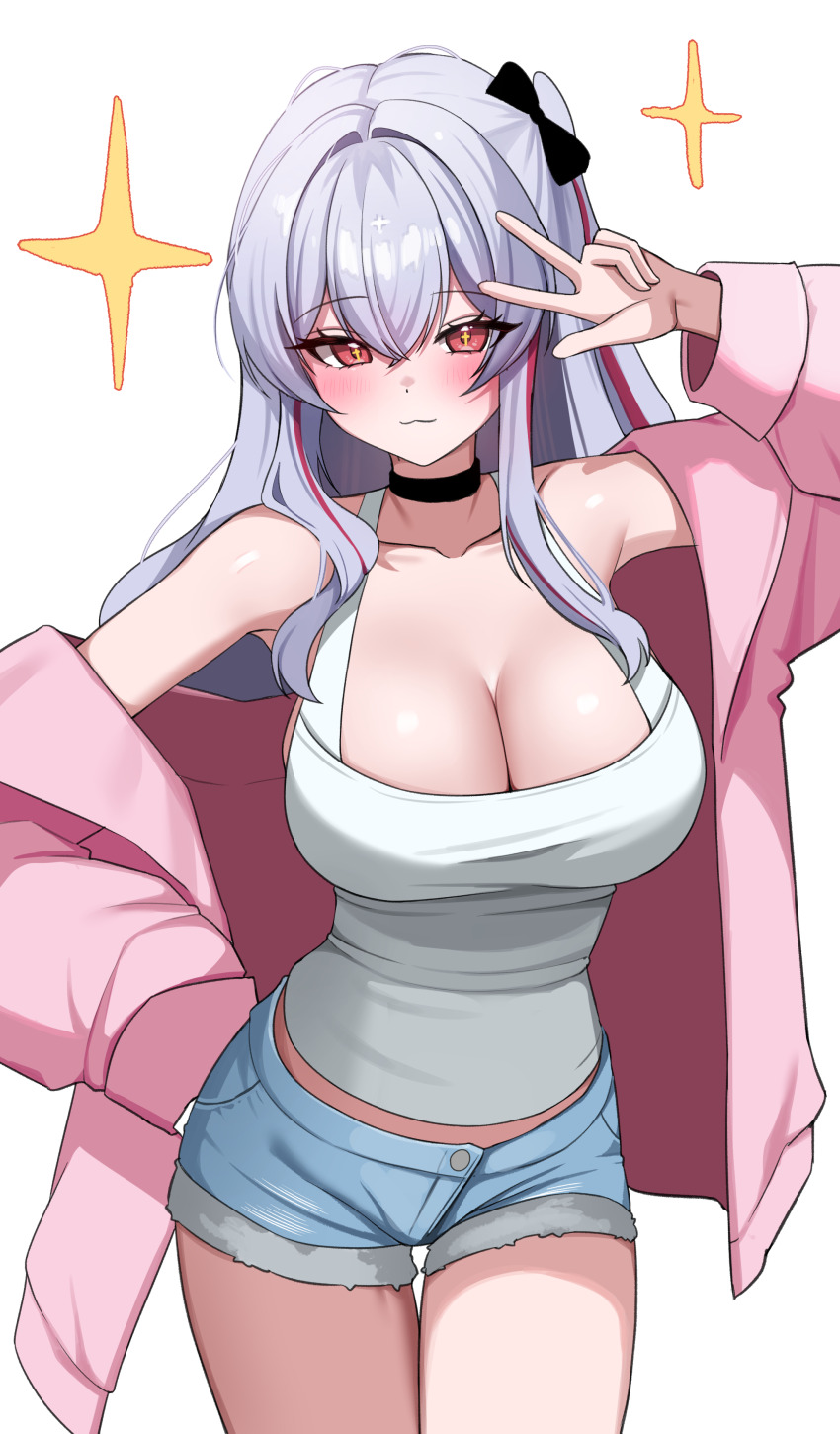 1girl :3 absurdres arm_up armpits bare_shoulders black_choker blue_shorts breasts choker closed_mouth collarbone commission cowboy_shot cross-shaped_pupils cutoffs highres jacket large_breasts long_hair long_sleeves looking_at_viewer midriff_peek multicolored_hair off_shoulder open_clothes open_jacket original pink_jacket red_eyes shirt short_shorts shorts sleeveless sleeveless_shirt smile solo streaked_hair suisen_(suisenhwa) symbol-shaped_pupils thighs w white_hair white_shirt