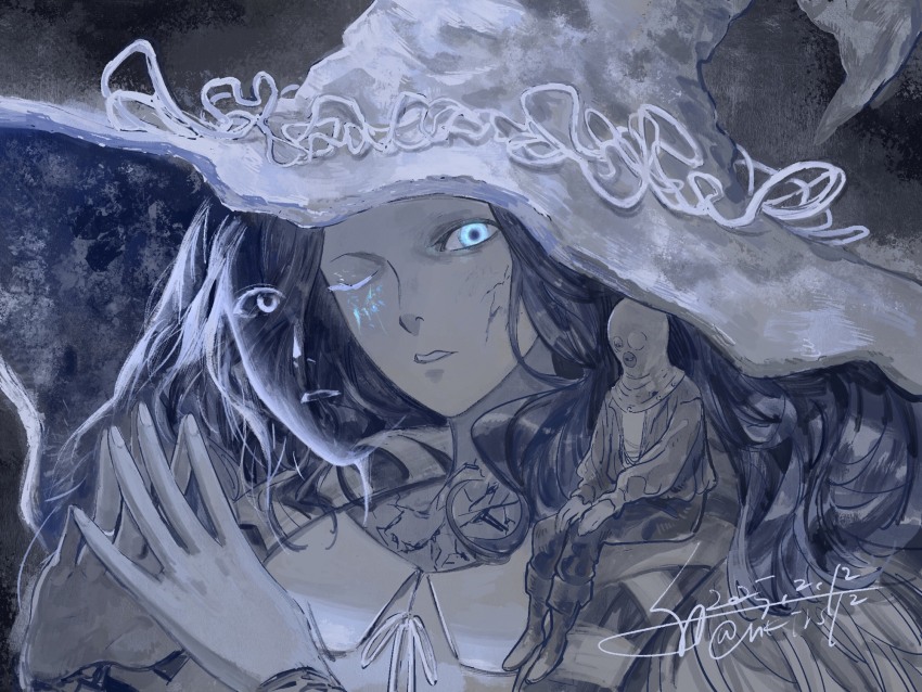 1girl 1other black_background blue_eyes colored_skin commentary_request dated elden_ring extra_faces grey_skin hat highres large_hat nkjrs12 one_eye_closed prisoner_(elden_ring) ranni_the_witch signature smile tarnished_(elden_ring) upper_body white_hat witch_hat