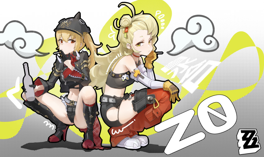 2girls absurdres bags_under_eyes belt black_belt black_boots black_gloves black_jacket black_shorts black_tube_top blonde_hair boots bottle choker cigarette cropped_jacket detached_pants detached_sleeves earrings empty_bottle gloves hair_bun half_gloves high_heel_boots high_heels highres holding holding_bottle holding_cigarette jacket jewelry jimizuai- long_hair long_sleeves looking_at_viewer luciana_de_montefio m_legs medium_hair multiple_girls navel one_side_up piper_wheel red_choker red_eyes red_shorts shoes shorts single_hair_bun slav_squatting smoking sneakers squatting stomach strapless tube_top white_footwear work_gloves yellow_eyes yellow_gloves zenless_zone_zero