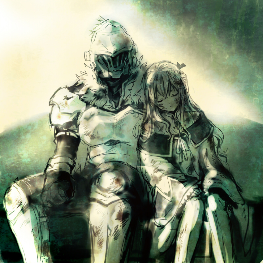 1boy 1girl armor bad_id bad_pixiv_id closed_eyes dirty dirty_clothes dirty_face feet_out_of_frame gloves goblin_slayer goblin_slayer! height_difference helmet highres long_hair neck_ribbon priestess_(goblin_slayer!) ribbon scratches sitting sleeping sleeves_past_wrists st5g75w visor_(armor)