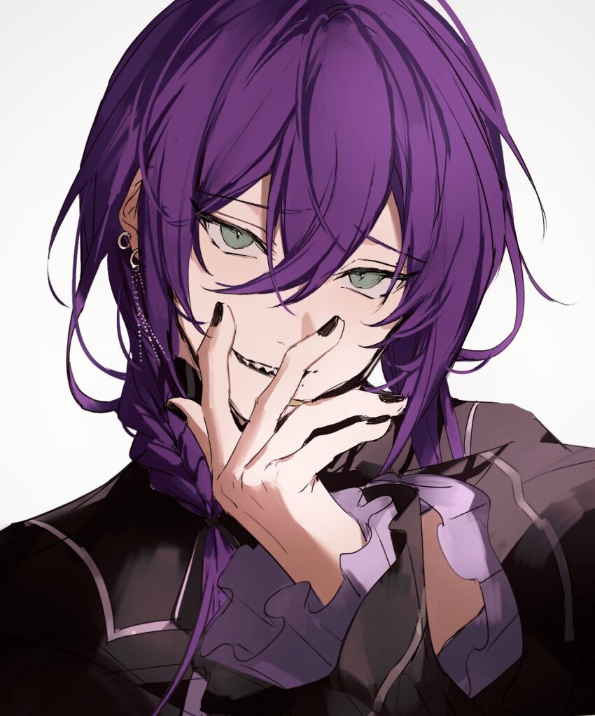 1boy ayase_mayoi black_nails black_shirt braid earrings ensemble_stars! green_eyes hair_between_eyes hair_over_shoulder hand_to_own_mouth highres jewelry long_hair looking_at_viewer male_focus mole mole_under_mouth multiple_earrings nozz177 parted_lips portrait purple_hair sharp_teeth shirt simple_background single_braid smirk solo teeth upper_teeth_only white_background