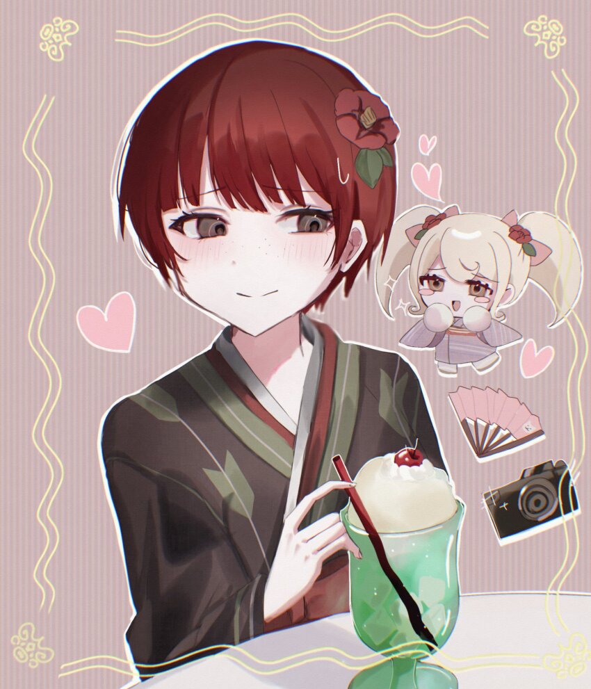 2girls :d black_kimono blonde_hair blunt_bangs blush blush_stickers border bow brown_eyes camera cherry chibi chibi_inset circle_hands closed_mouth commentary cup danganronpa_(series) danganronpa_2:_goodbye_despair drink drinking_glass drinking_straw eyelashes flower folding_fan food freckles fruit green_kimono hair_bow hair_flower hair_ornament hand_fan hands_on_own_face heart hibiscus highres holding holding_drinking_straw japanese_clothes kimono koizumi_mahiru long_hair long_sleeves looking_at_another looking_at_object looking_down multiple_girls narrowed_eyes obi open_mouth paper_fan pink_bow pink_kimono pinstripe_pattern raised_eyebrows red_flower red_hair red_sash ringed_eyes saionji_hiyoko sash shirase_aron_(sisisiroo) short_hair smile striped_background sweatdrop table turning_head twintails two-tone_kimono upper_body very_short_hair whipped_cream wide_sleeves worried yellow_border