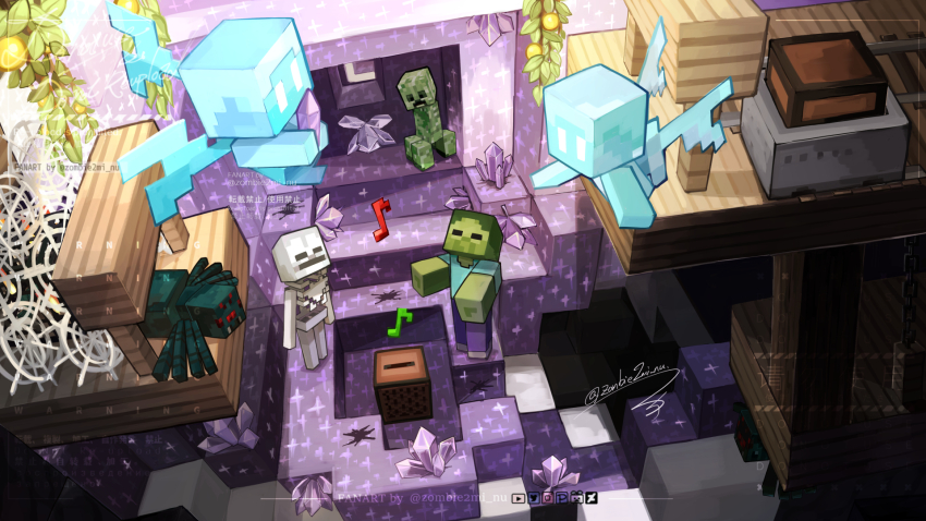 4others allay animal berry bug cave_spider chest_(furniture) commentary_request creeper crystal flying from_above gem geode glow_berries_(minecraft) highres in-universe_location leaf low_poly minecart minecraft minecraft_(style) mineshaft monster multiple_others note_block_(minecraft) official_style other_focus plant purple_gemstone silk skeleton skeleton_(minecraft) spider spider_web standing too_many_watermarks watermark zombie zombie2mi_nu zombie_(minecraft)
