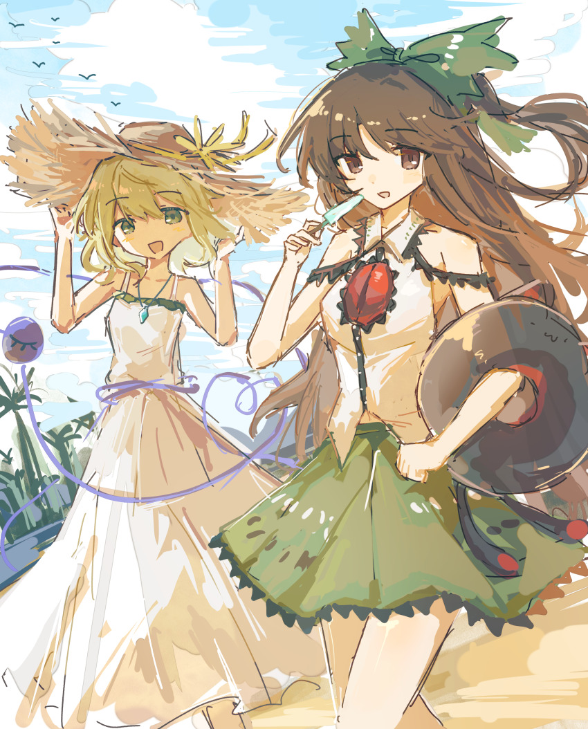 2girls :d absurdres alternate_costume alternate_headwear bare_shoulders bow breasts brown_eyes brown_hair cloud commentary cowboy_shot day dress food green_bow green_eyes green_hair green_skirt hair_bow hand_on_headwear hat hat_ribbon heart heart_of_string highres holding holding_food holding_popsicle jewelry kaenbyou_rin komeiji_koishi long_hair looking_at_viewer midriff_peek multiple_girls necklace objectification open_mouth outdoors popsicle red_shorts reiuji_utsuho ribbon shirt shorts simple_bird skirt sky sleeveless sleeveless_dress smile standing straw_hat sun_hat swim_ring symbol-only_commentary third_eye third_eye_on_chest touhou white_dress white_shirt wusem0108 yellow_ribbon