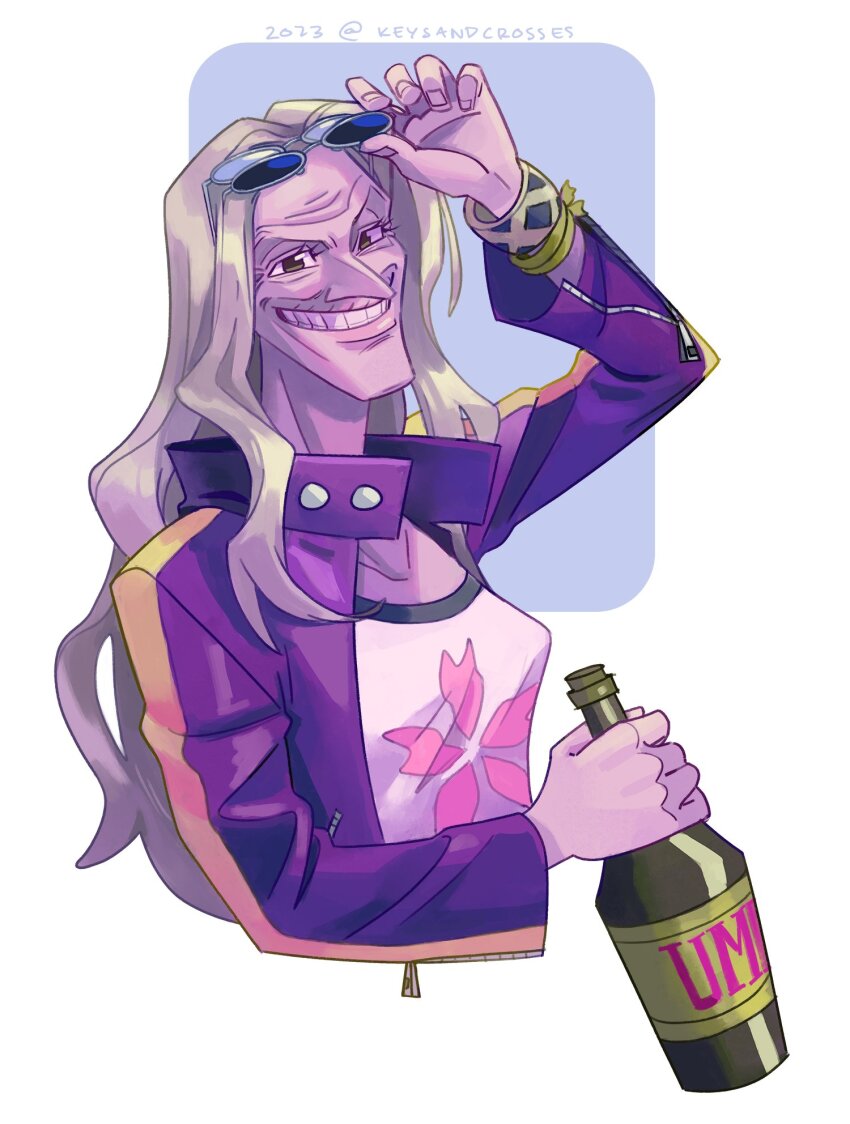 1girl adjusting_eyewear bottle breasts cropped_torso dr._kureha grey_hair grin highres holding jacket keysandcrosses long_hair medium_breasts old old_woman one_piece open_clothes open_jacket petal_print print_shirt shirt smile solo sunglasses wine_bottle wrinkled_skin