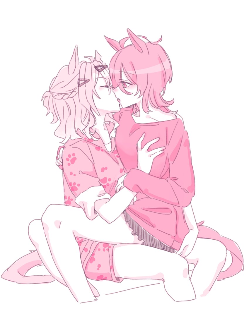 2girls absurdres agnes_tachyon_(umamusume) ahoge animal_ears braid closed_eyes cropped_legs french_kiss hair_between_eyes hair_ornament hairclip highres horse_ears horse_girl horse_tail jungle_pocket_(umamusume) kiss long_sleeves monochrome multiple_girls pink_theme seila_rei shirt shorts simple_background tail tongue umamusume white_background yuri