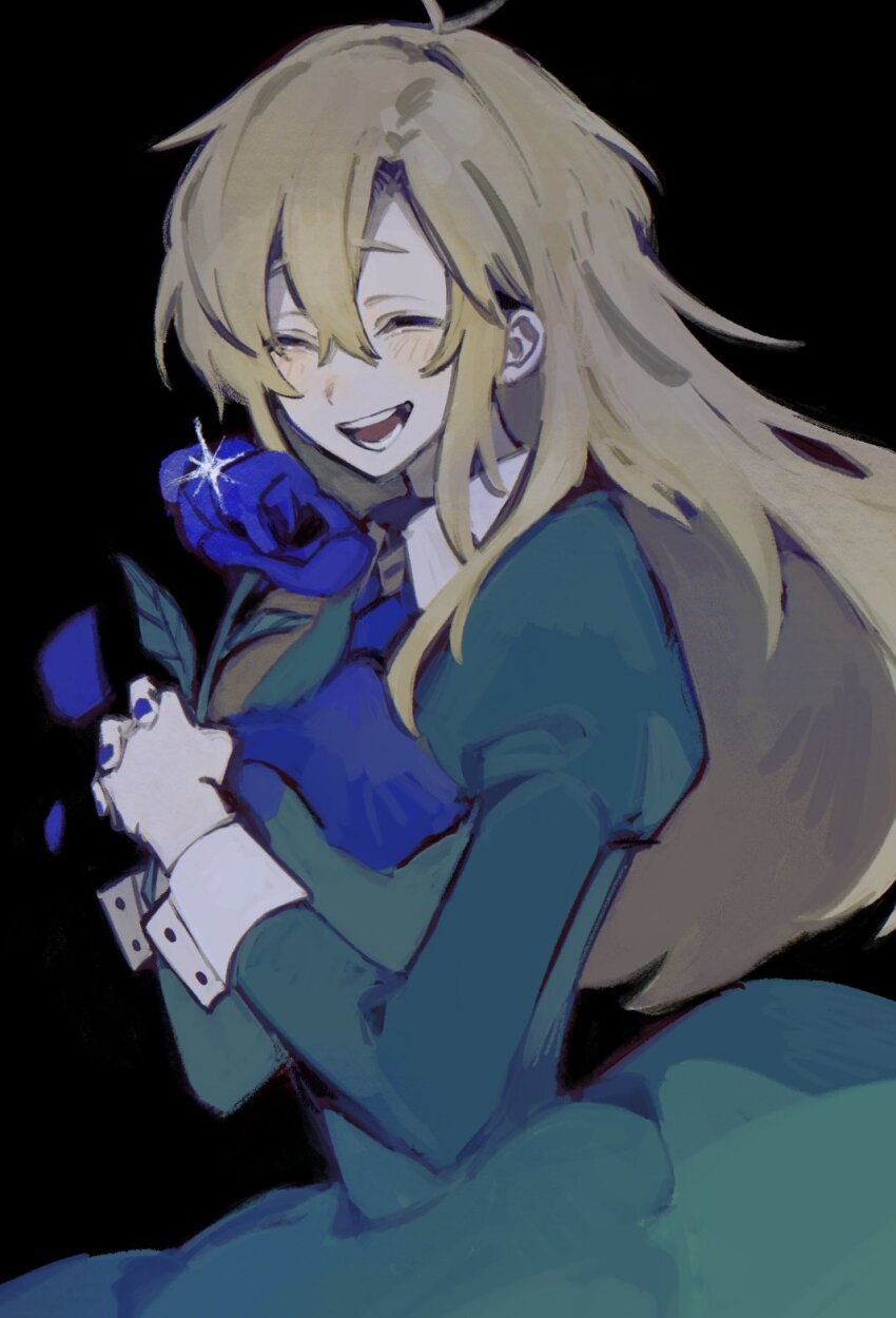 1girl :d ^_^ alt_text antenna_hair ascot black_background blonde_hair blue_ascot blue_flower blue_nails blue_petals blue_rose closed_eyes collared_dress commentary contrast_collar double-parted_bangs dress facing_viewer falling_petals film_grain flower green_dress hair_between_eyes highres holding holding_flower ib_(kouri) juliet_sleeves leaf long_sleeves mary_(ib) nail_polish open_mouth own_hands_together petals puffy_sleeves raised_eyebrows rose simple_background smile solo sparkle takenaka_(takenaka1111) teeth tongue upper_body white_sleeve_cuffs