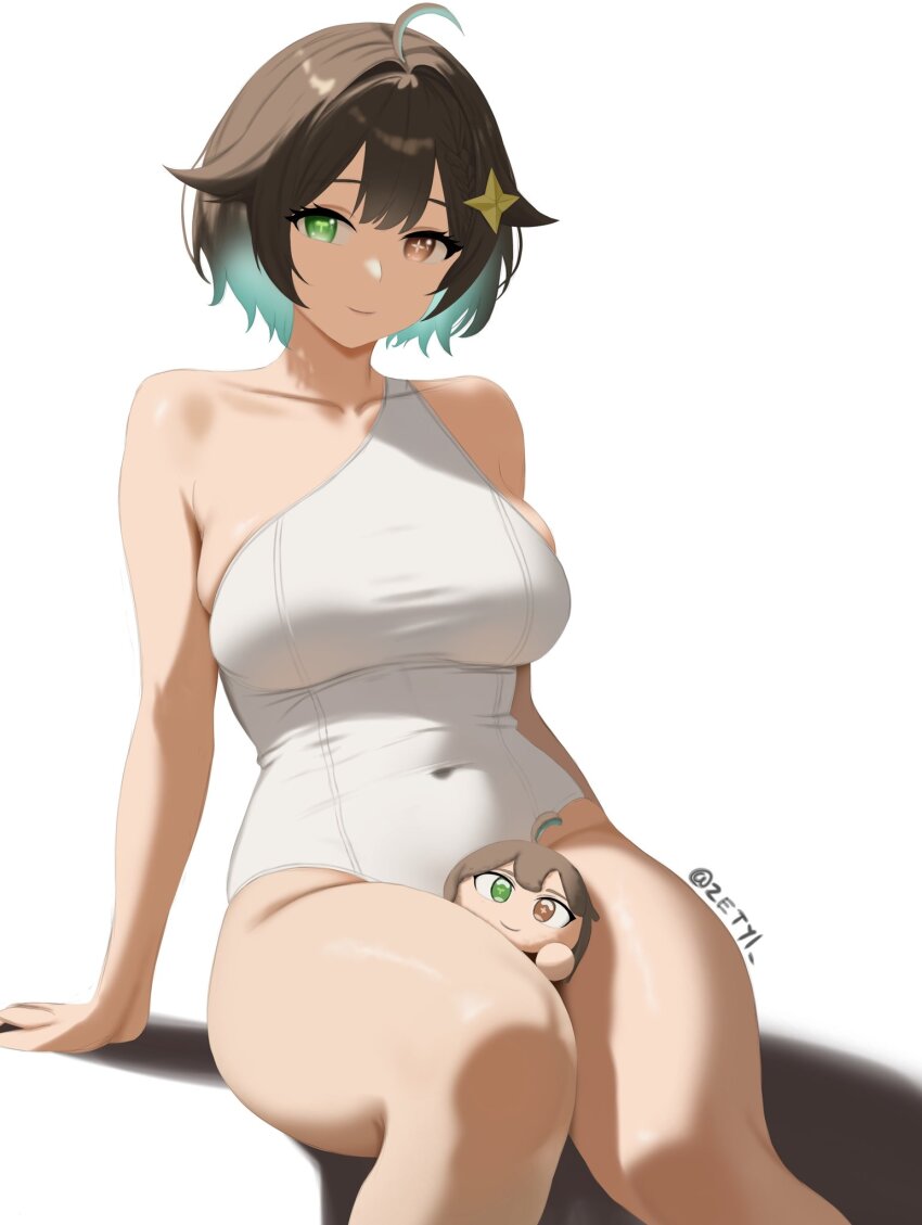 1girl arm_support artist_name bare_shoulders breasts brown_eyes brown_hair closed_mouth collarbone covered_navel doll dot_nose eyebrows eyelashes feet_out_of_frame female_focus gradient_hair green_eyes green_hair heterochromia highres indie_virtual_youtuber large_breasts leaning_back legs_together leotard looking_at_viewer meica_(vtuber) multicolored_hair short_hair simple_background single_strap sitting smile solo star-shaped_pupils star_(symbol) symbol-shaped_pupils thick_thighs thighs two-tone_hair variant_set virtual_youtuber white_background wide_hips zetyi