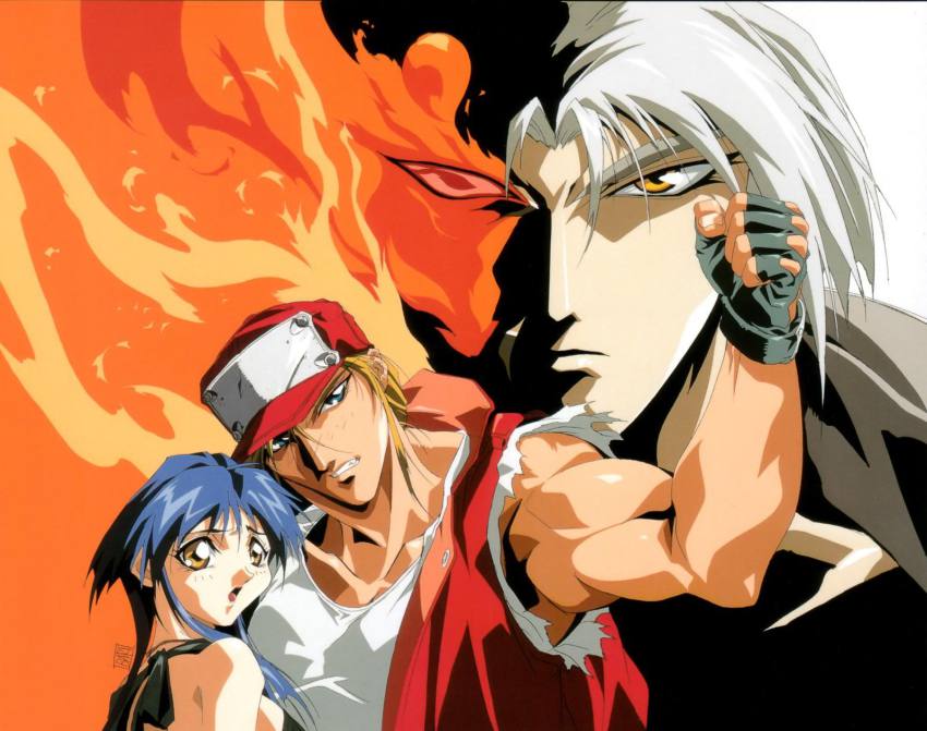 1990s_(style) 1girl 2boys blonde_hair blue_eyes blue_hair breasts brother_and_sister fatal_fury fatal_fury:_the_motion_picture fire hat highres laocorn_gaudeamus multiple_boys muscular muscular_male official_art oobari_masami retro_artstyle siblings sideboob snk sulia_gaudeamus terry_bogard yellow_eyes